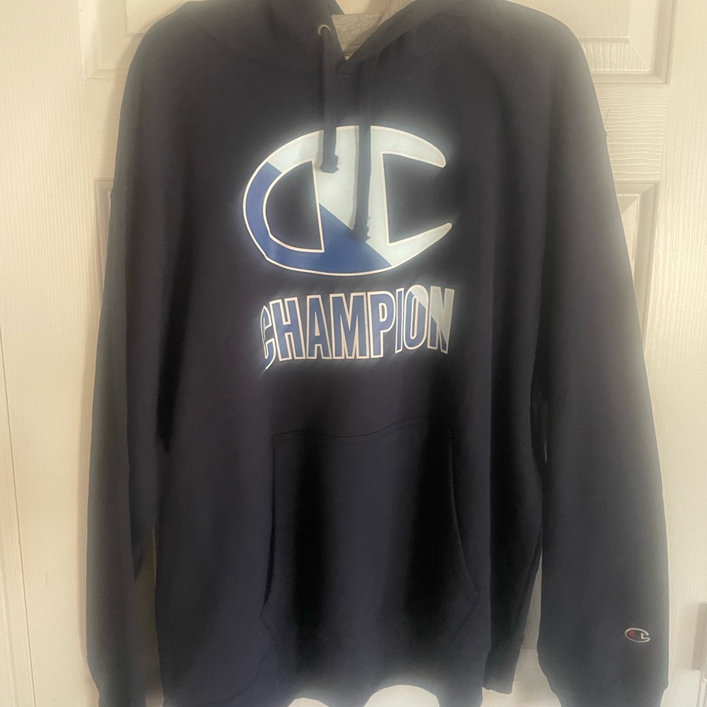 Champion Men's Power Blend Graphic Hoodie Sweater Size 2XL Navy Fleece Pullover